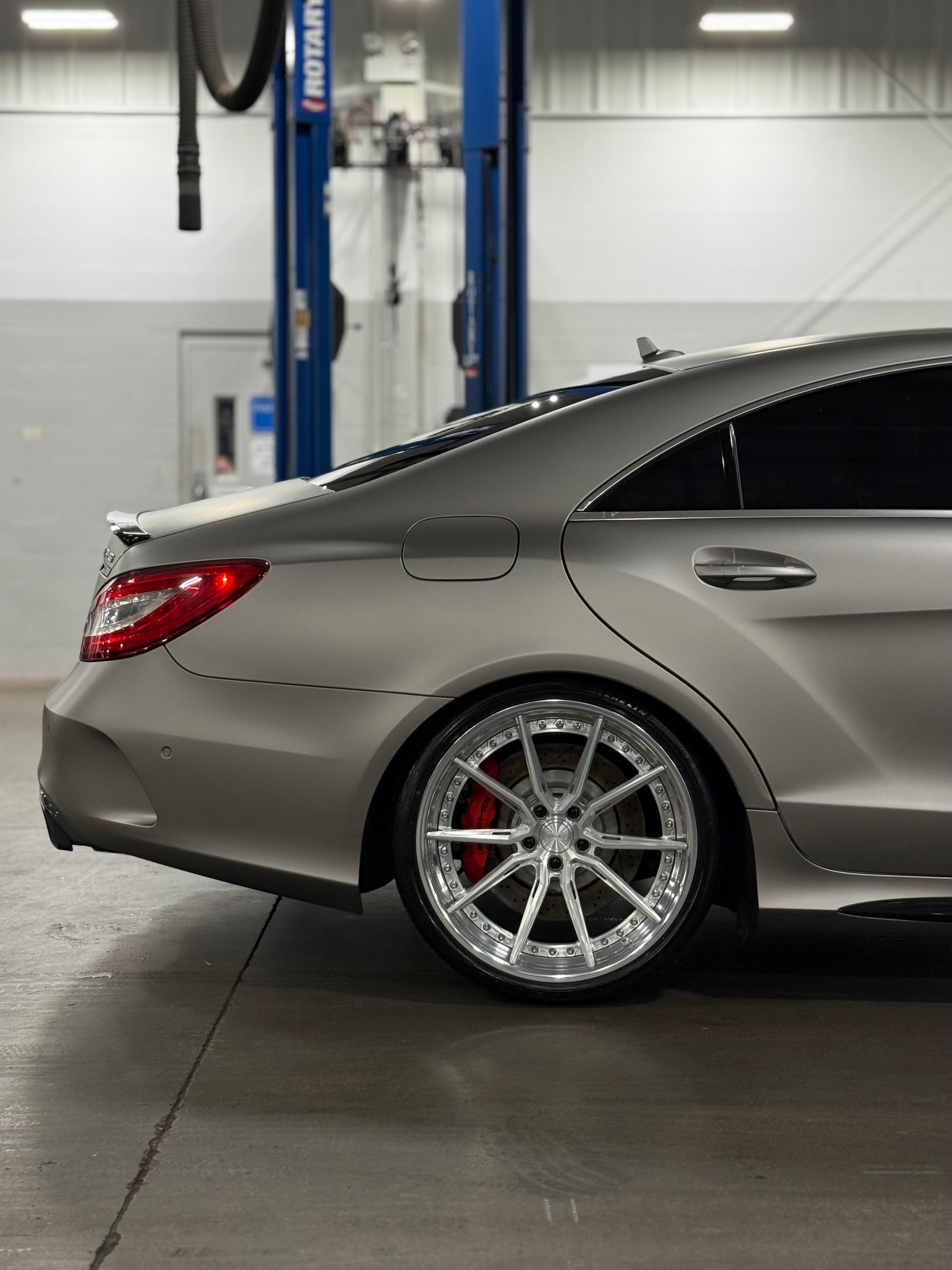 Mercedes-Benz CLS63s with Motivo Forged CS-R custom wheels in gloss brushed clear wheels and gloss polished clear lip side view