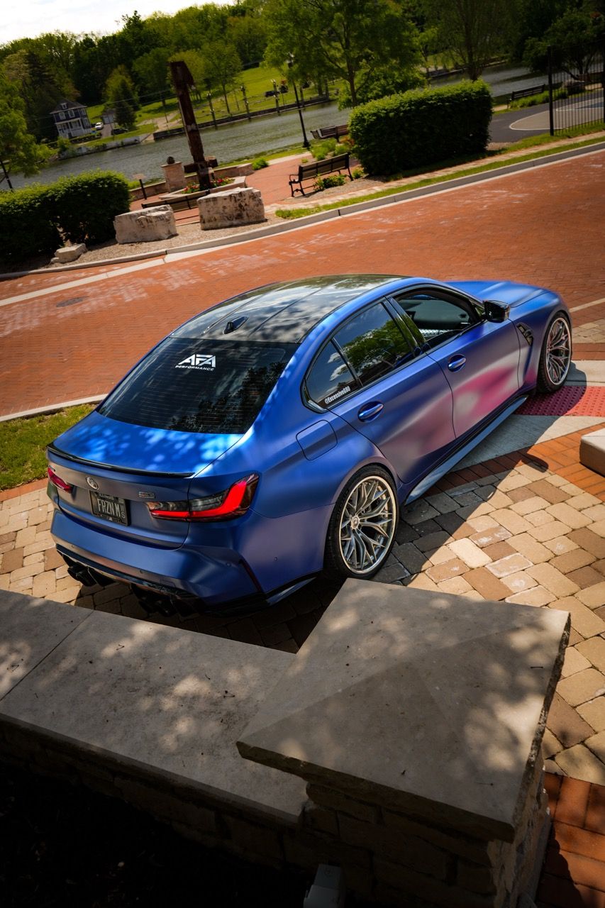 BMW M3 G80 with Motivo Forged CS-J custom wheels in gloss brushed clear face and gloss polished clear rear view
