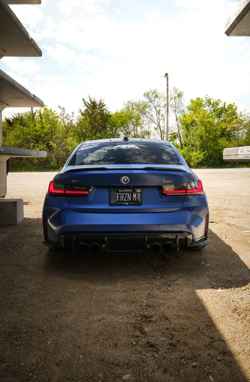 BMW M3 G80 with Motivo Forged CS-J custom wheels in gloss brushed clear face and gloss polished clear rear view