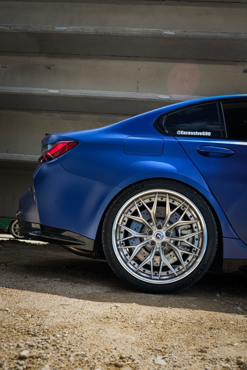 BMW M3 G80 with Motivo Forged CS-J custom wheels in gloss brushed clear face and gloss polished clear rear wheel view