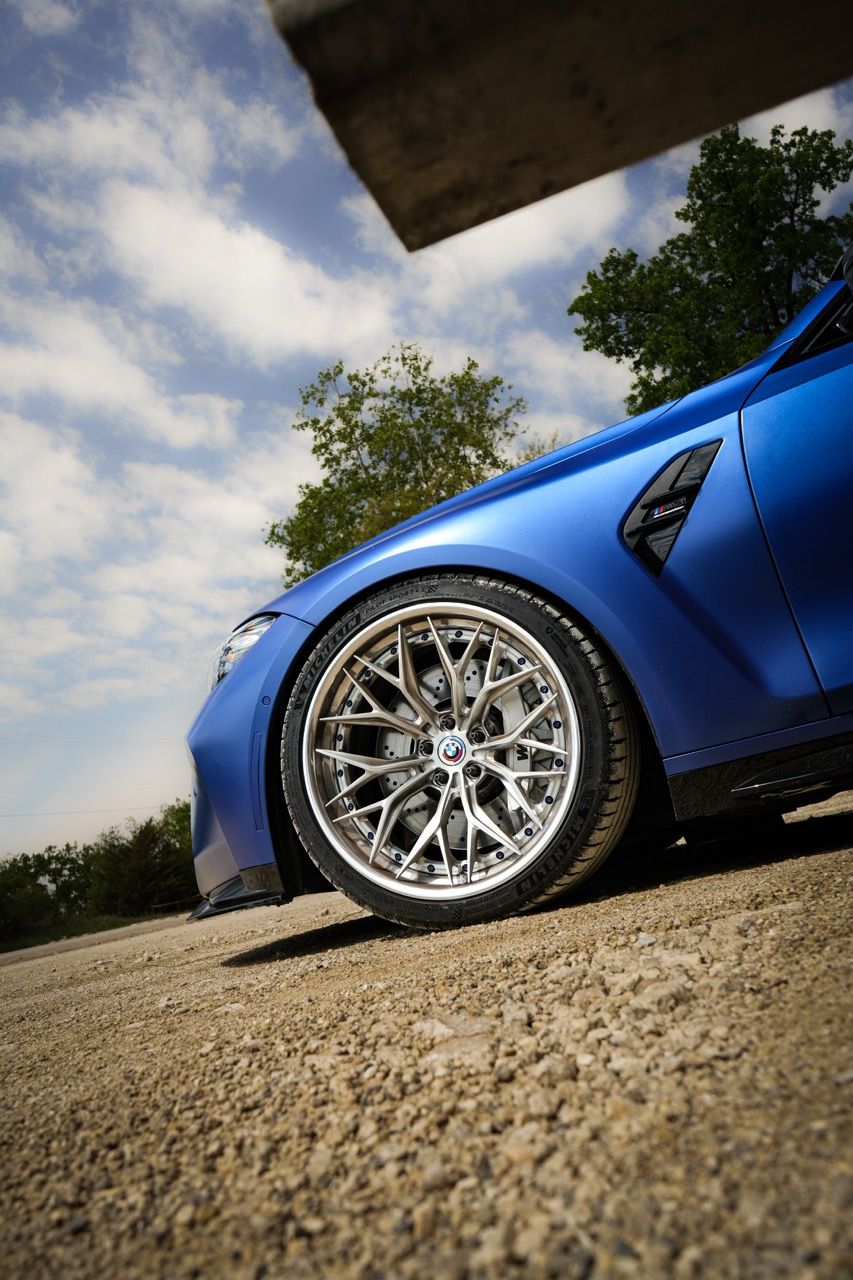 BMW M3 G80 with Motivo Forged CS-J custom wheels in gloss brushed clear face and gloss polished clear wheel view